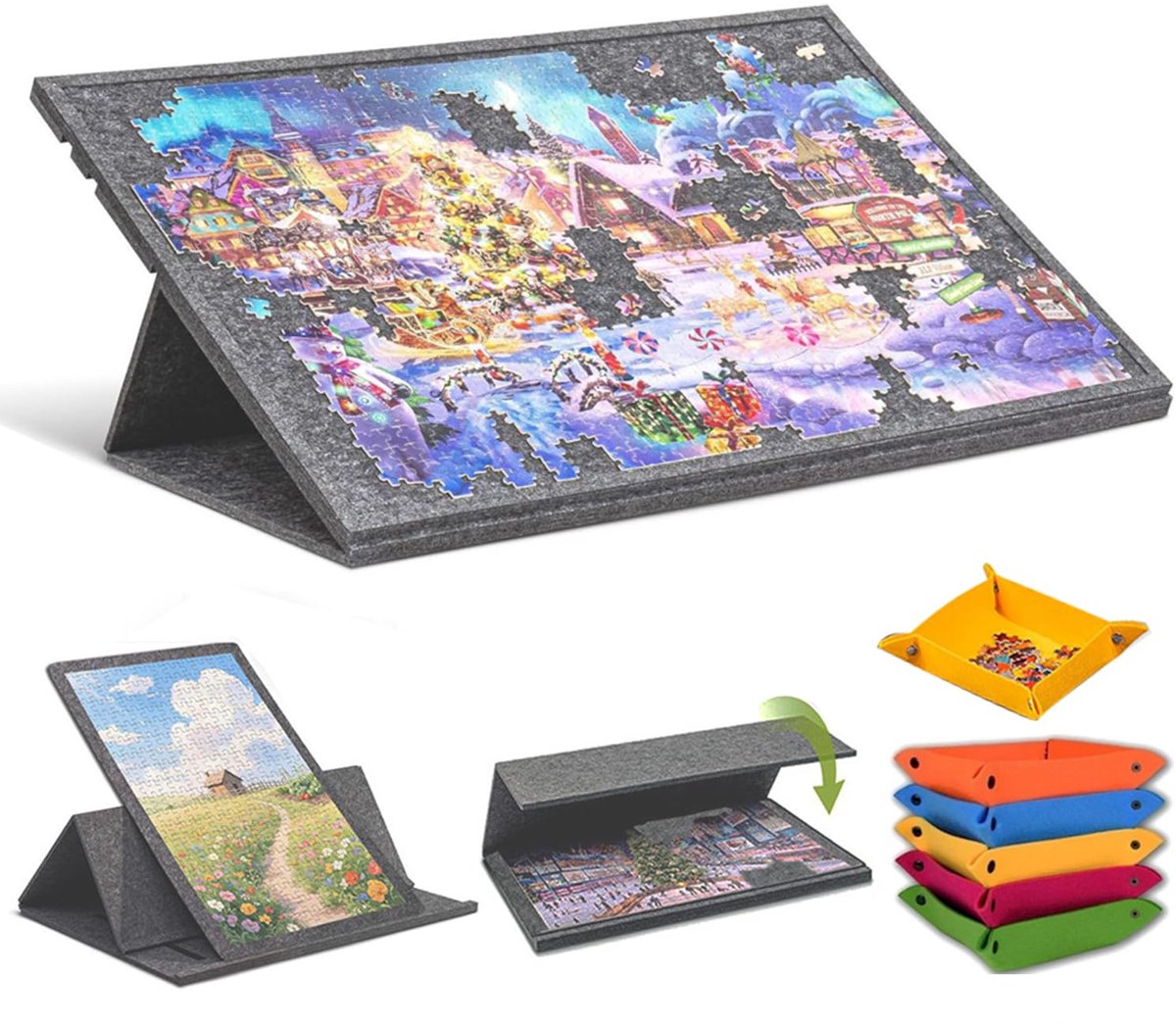SnelShoppen - Opvouwbare Puzzel 1000 Stukjes Puzzeltafel met Draagbare Puzzelmat en 6 Kleur Gesorteerde Trays, 2-in-1 Houder, Afdekking, Verstelbare H