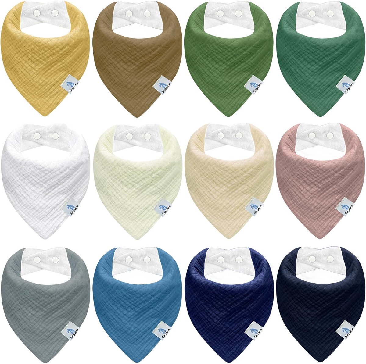 SnelShoppen - 12 stuks slabbetjes baby driehoekige sjaal, mousseline halsdoek voor jongens en meisjes, biologisch katoen, super absorberend, verstelba