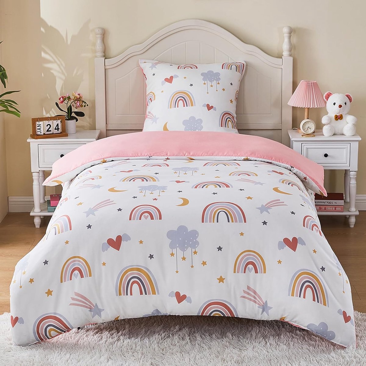 SnelShoppen - Beddengoedset voor Kinderen, Eenpersoons Dekbedovertrek 135 x 200 cm, Roze Regenboog, Kleurrijk Microvezel met Wolken, Sterren, Maan en