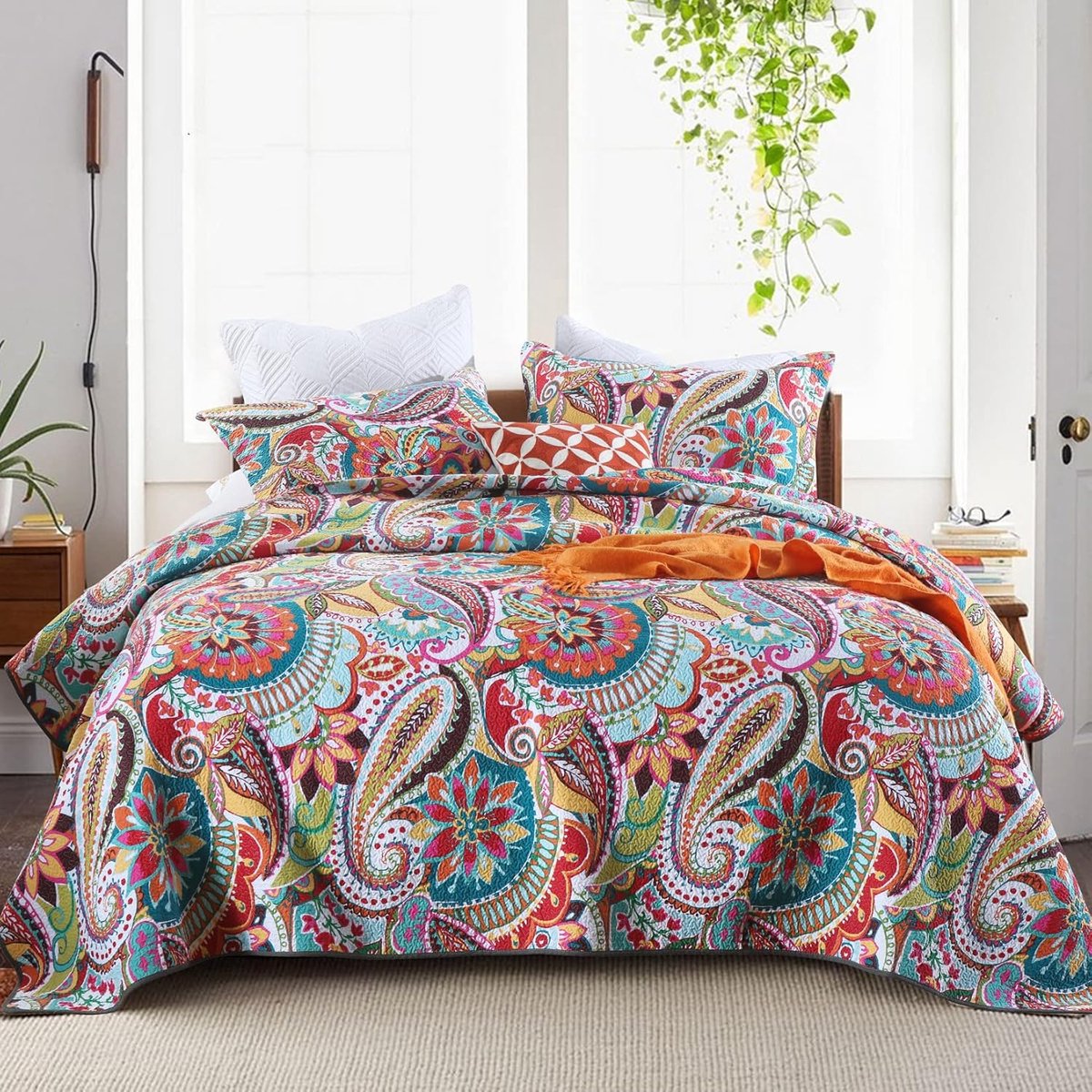 Qucover Boutis Bedspread, 220 x 240 cm, Elegant Colourful Paisley Bed Throw, Soft Cotton Duvet Cover and Double - ShopVlot