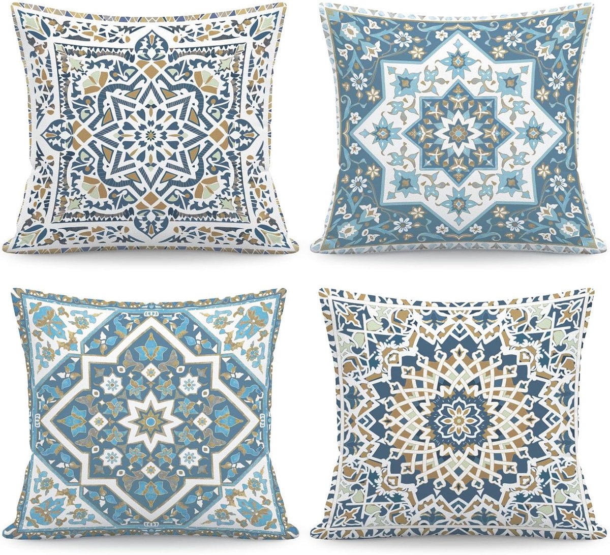 SnelShoppen - Set van 4 Decoratieve Kussenslopen, Boho Geometrisch Patroon, Blauw-Wit, Fluweel, 45 x 45 cm, Voor Bank en Woonkamer, Modern Interieur