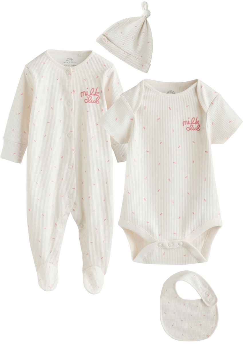 Next - Meisjes - 4-delige babyset van romper, babypyjama, slabbetje en muts - Crème