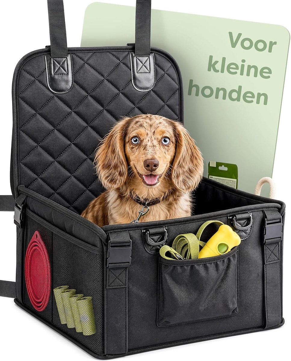 SnelShoppen - Extra Stabiler Hunde Autositz Beifahrersitz voor Kleine Honden | 5 Opbergtassen – 4 Bevestigingsgordels & Afneembare Leash – Versterkte