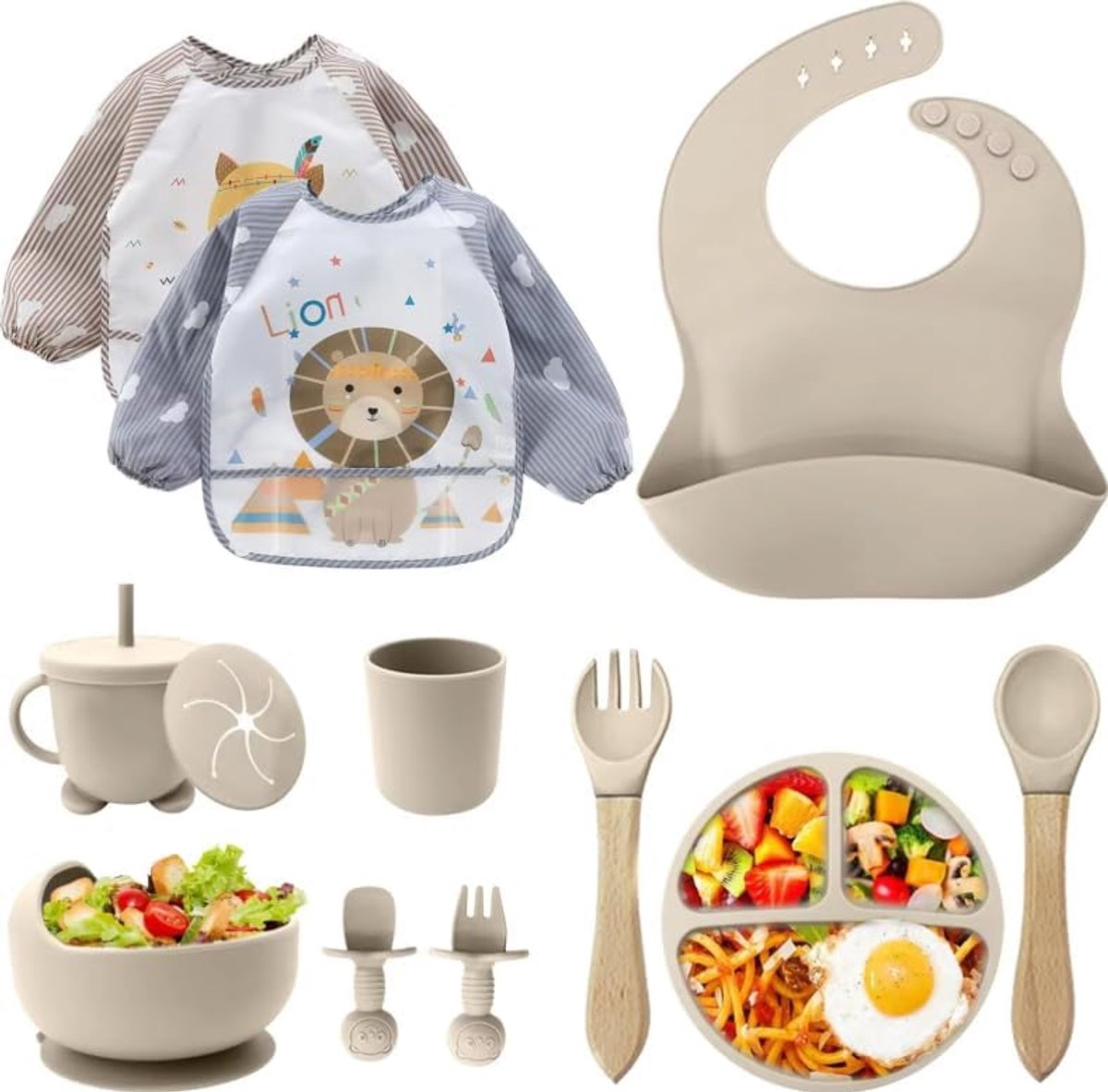 SnelShoppen - Siliconen babyserviesset 12-delig, BPA-vrij, kleurrijk kinderbord met zuignap, oefenbeker met rietje, siliconen slabbetje, kom, houten l