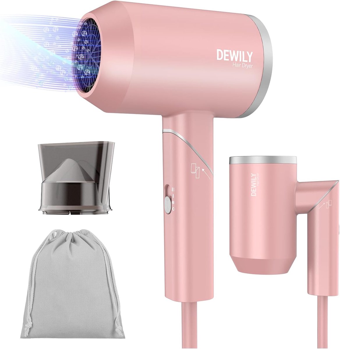 SnelShoppen - Vouwbare Professionele Haardroger - Reis Haardroger, Inklapbaar, Klein, Stil, 3 Warmtesettings, Sterk voor het Gezin - Roze met 1 Mondst