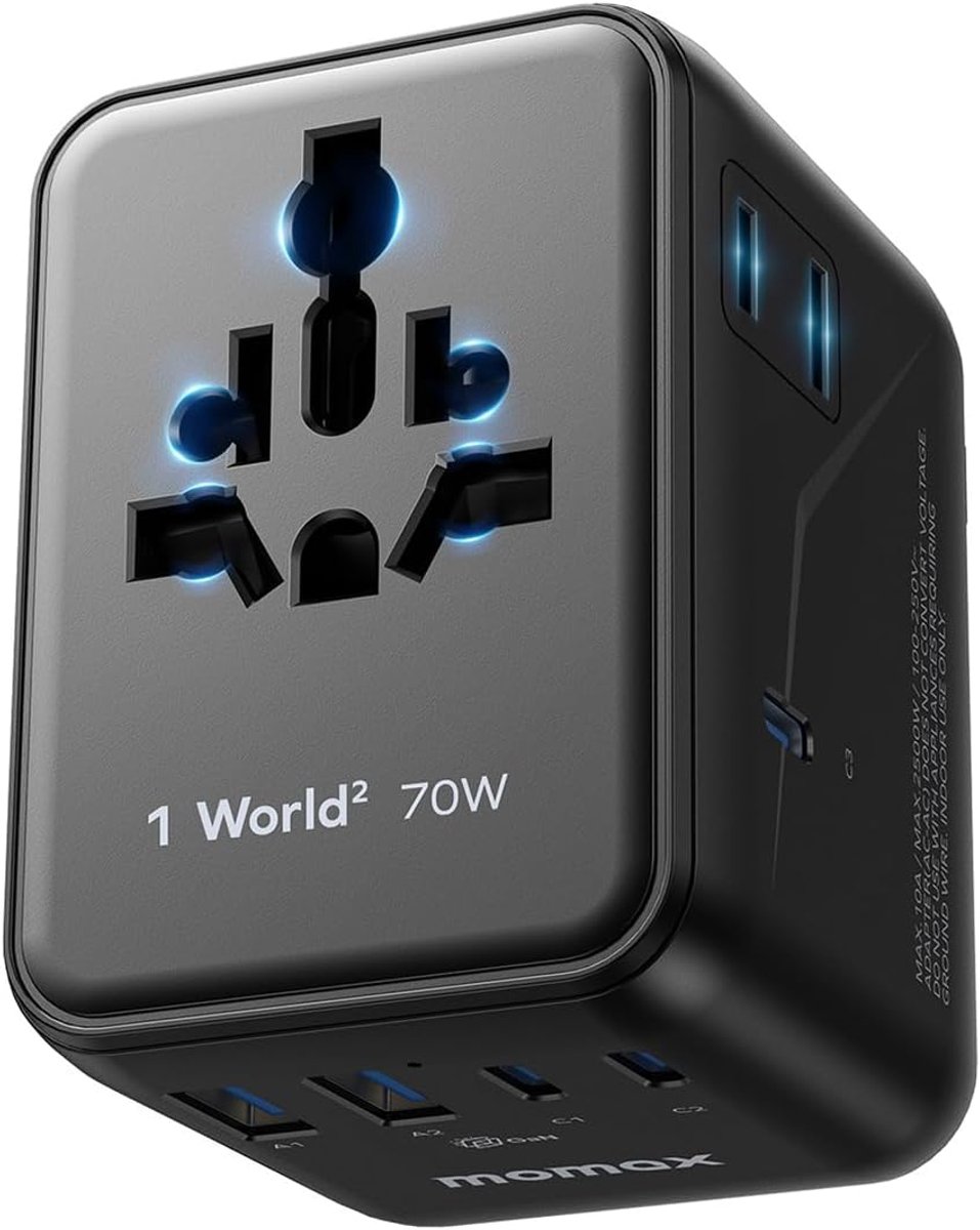 SnelShoppen - MOMAX Reisstekkeradapter Wereldwijd, 70 W GaN Reisadapter met 2 AC, 3 USB C en 2 USB A, 7-in-1 Universele Adapter voor EU, UK, USA, Japa
