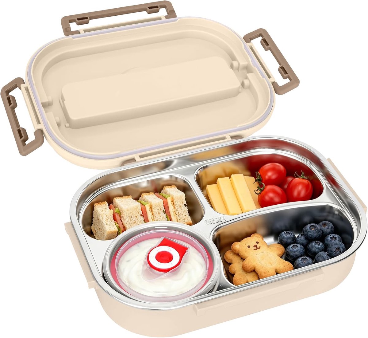 SnelShoppen - Brotdose Kinder 1500 ML met 4 Fächern, RVS Lunchbox met Löffel & Gabel, Uitlaufsicher met Dichtingsring, Ideaal voor School, Picknick en