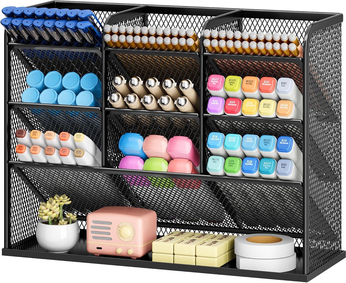 SnelShoppen - VITVITI Bureau-organizer met 9 Vakken, Pennenhouder van Metaal, Zwarte Bureau-organizer voor School, Thuis en Kantoor
