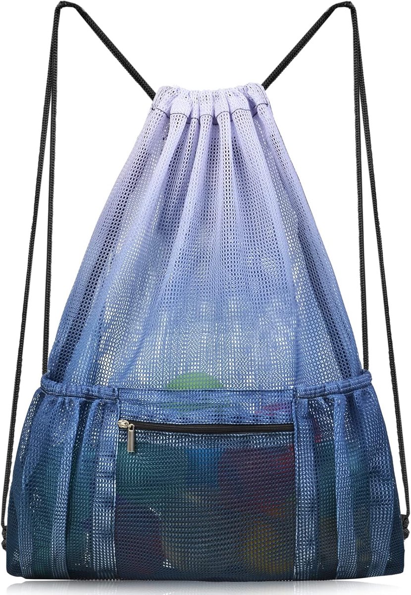 Mesh trekkoord tas 38x50cm - grijs - met rits zak - ideale strandtas voor zwemmen - ShopVlot