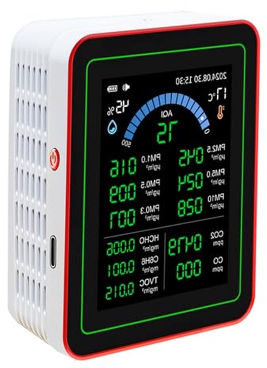 Luchtkwaliteitsmeter - CO2 TVOC Tester - Binnenlucht Meten - 11 Waarden Realtime - 2.8 Inch Scherm - Zwart