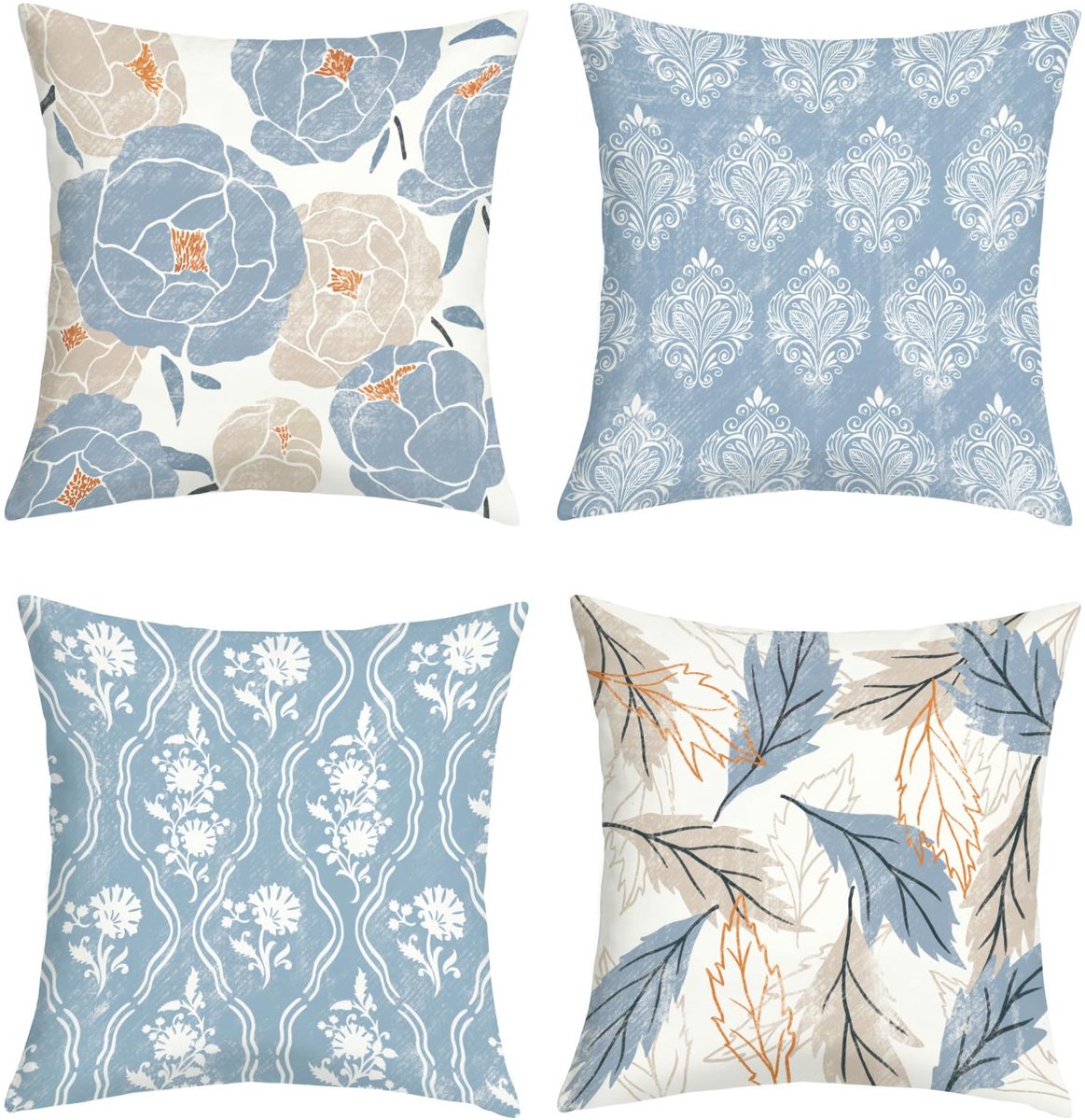 SnelShoppen - Kussenslopen 45x45 Set van 4 Vintage Blauw Damast Bloemen Geometrie - Decoratief voor Woonkamer, Slaapkamer, Tuin - Luxe Katoen Mix