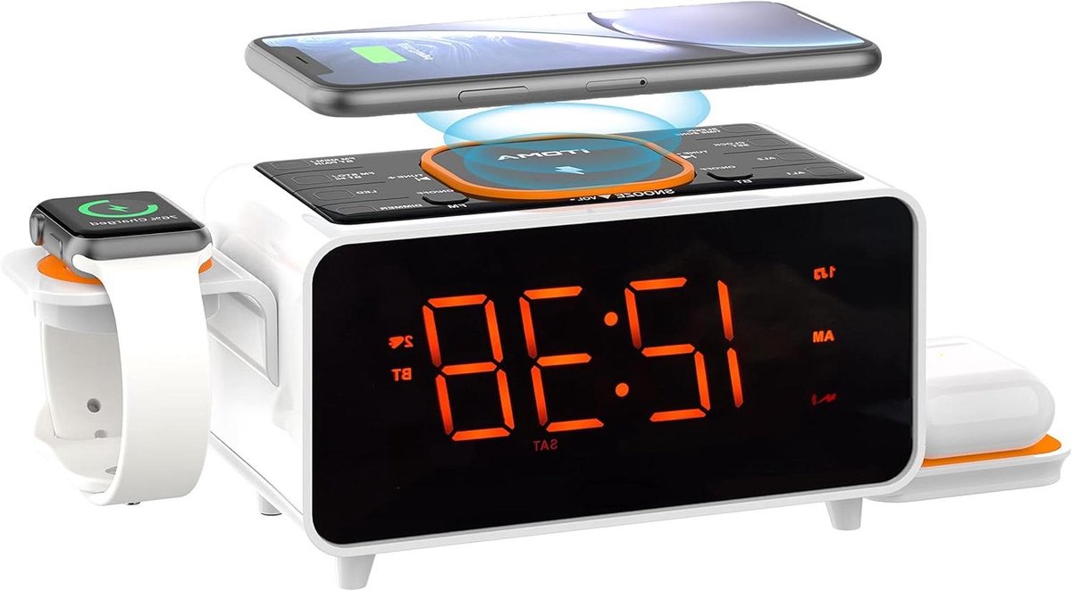 Wekkerradio met oplader - Digitale klok radio - Opladen en wakker worden - Draadloos laden en Bluetooth