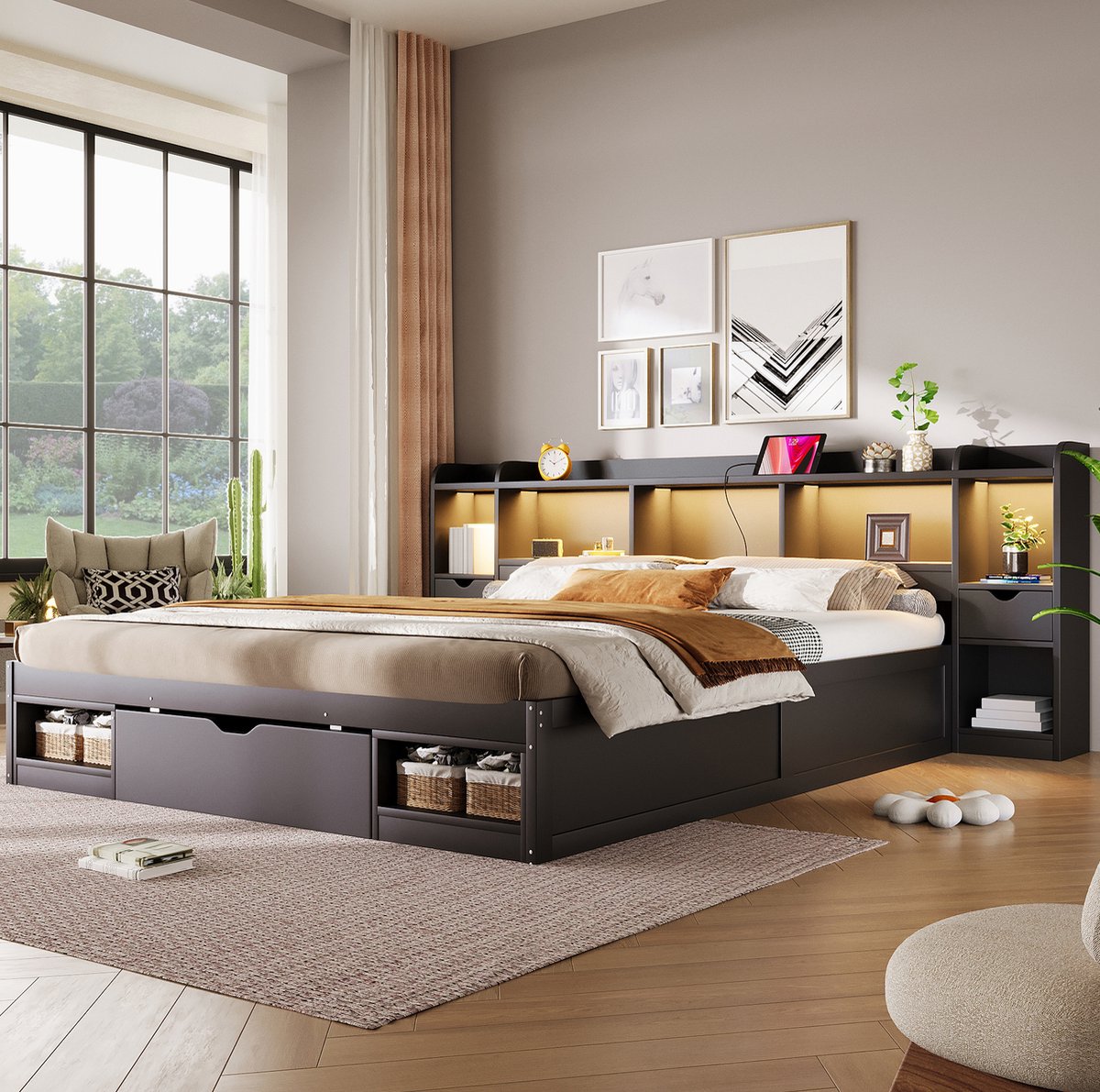 STILVORA Bed 180x200cm – Ledverlichting En Usb-Aansluiting – Opbergruimte In Hoofdbord En Voetbord – Volwassenen – Hout En Mdf – Zwart – Zonder Matras
