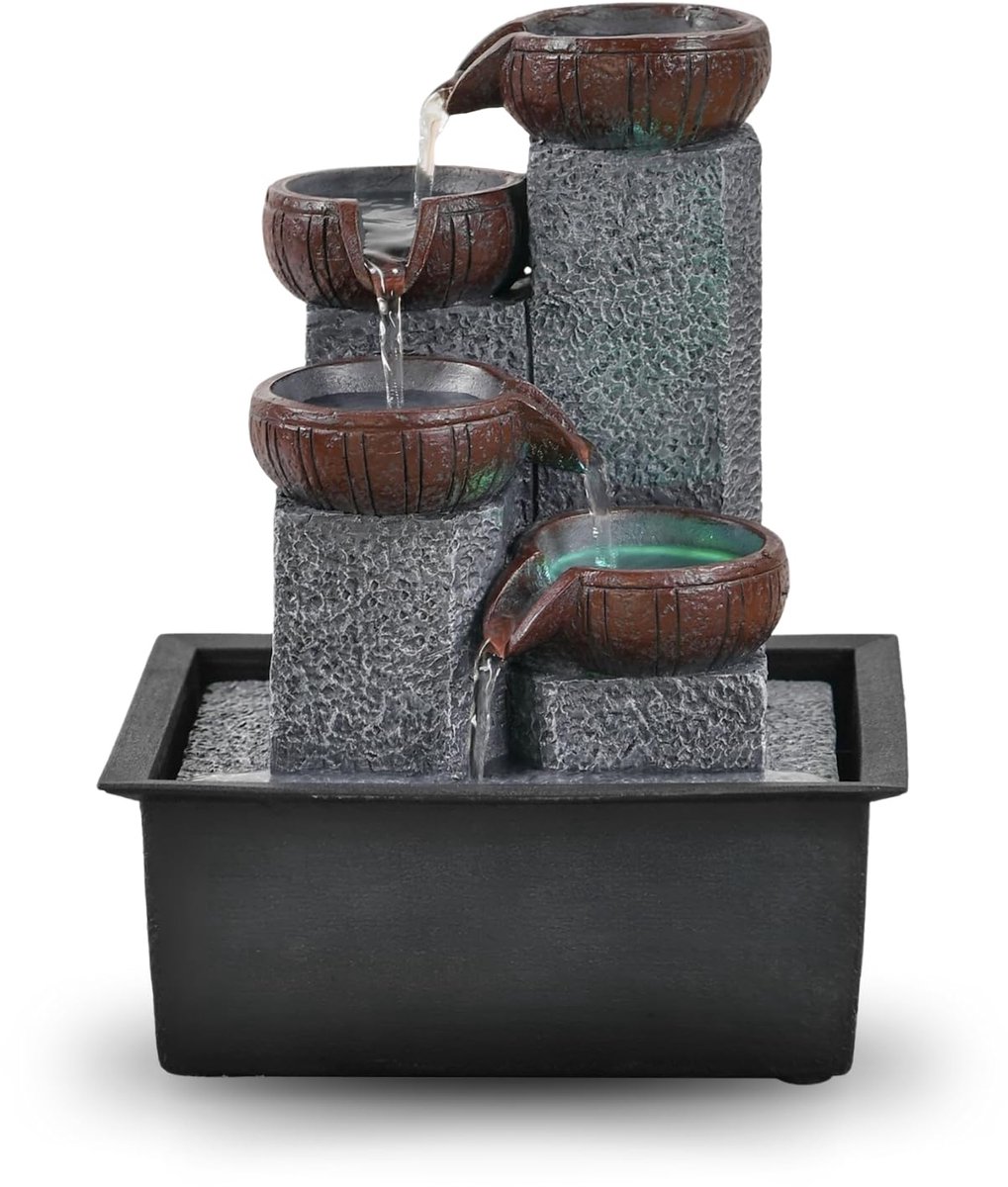 SnelShoppen - Waterval Binnenfontein 4 Niveaus met Glas en Natuursteeneffect, Kleurvol LED Licht, Zen Tafelfontein voor Elegante Decoratie, Hoogte 21