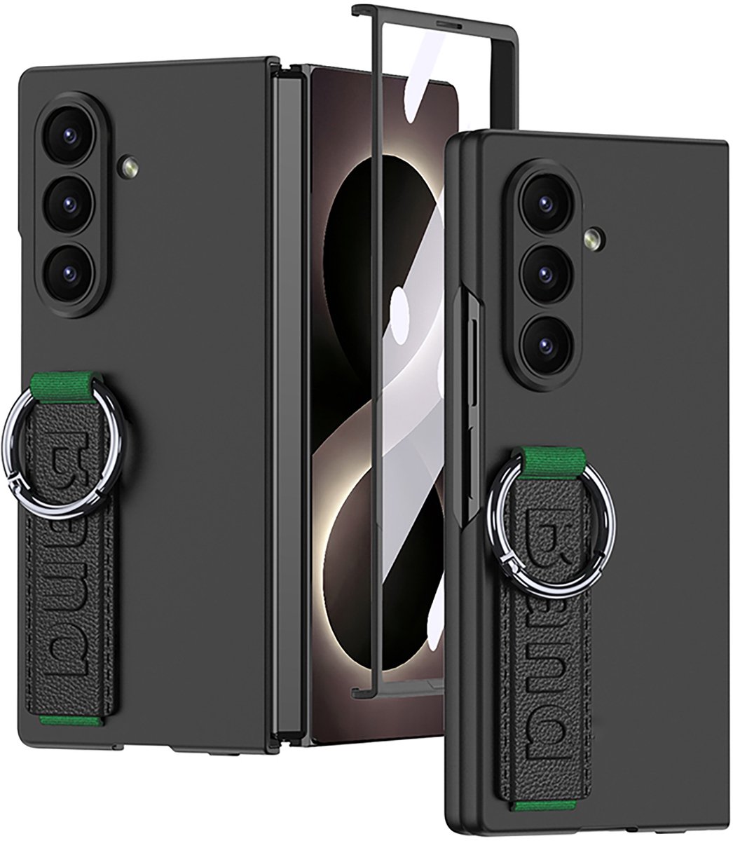 Casemania Hoesje Geschikt voor Samsung Galaxy Z Fold 8 Ultra - Zwart - Matte Back Cover met Handstrap, Ring Houder en Ingebouwde Screenprotector - Hardcase Telefoonhoesje met Vingerhouder
