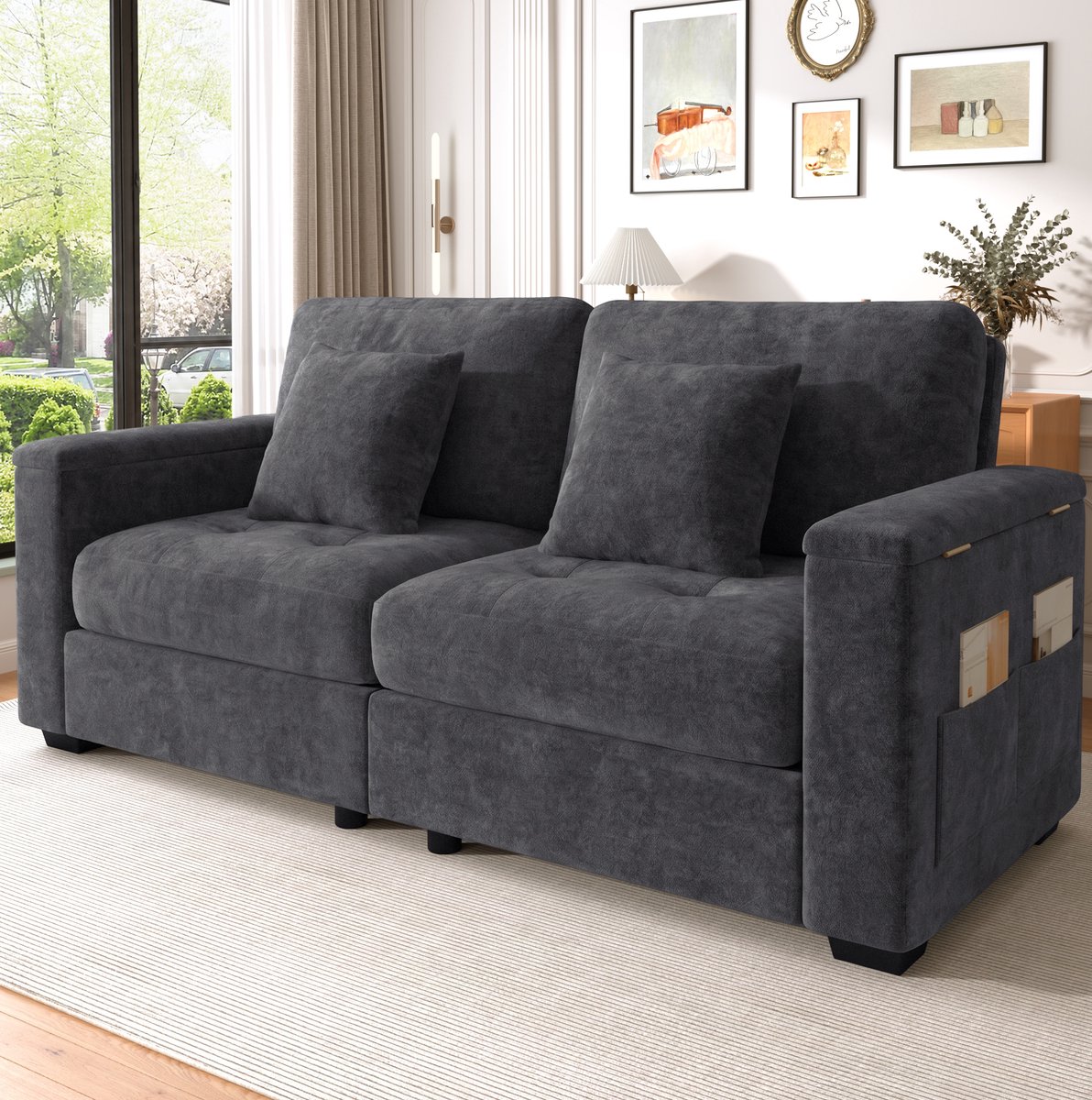 OKWISH Zitbank 180 Cm - 2-Zits Bank Met Opbergruimte In Armleuningen En Zijvakken - Voor Kleine Woonkamer Of Appartement - Chenille - Donkergrijs