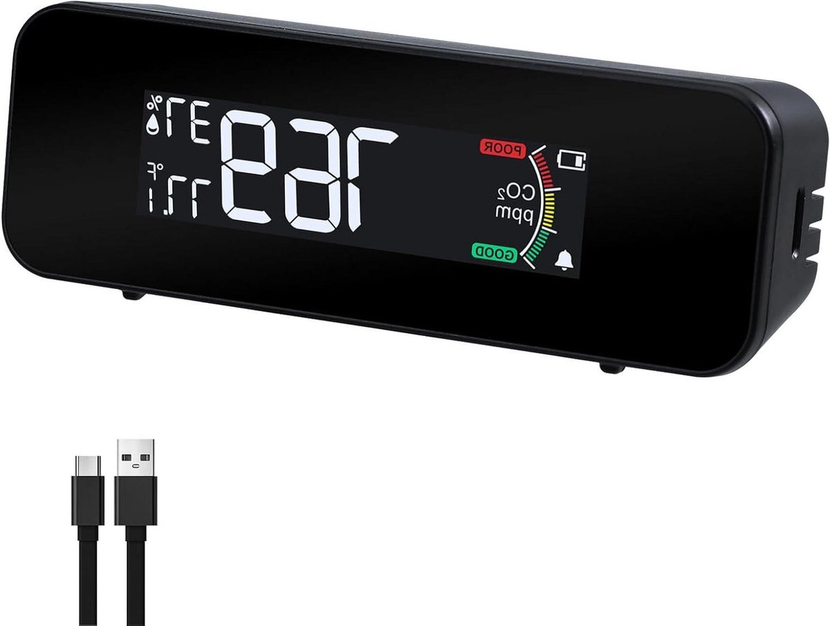 CO2-meter - Luchtkwaliteitmeter - Binnenlucht Meten - 3-in-1 Sensor - 0-5000 ppm - Zwart