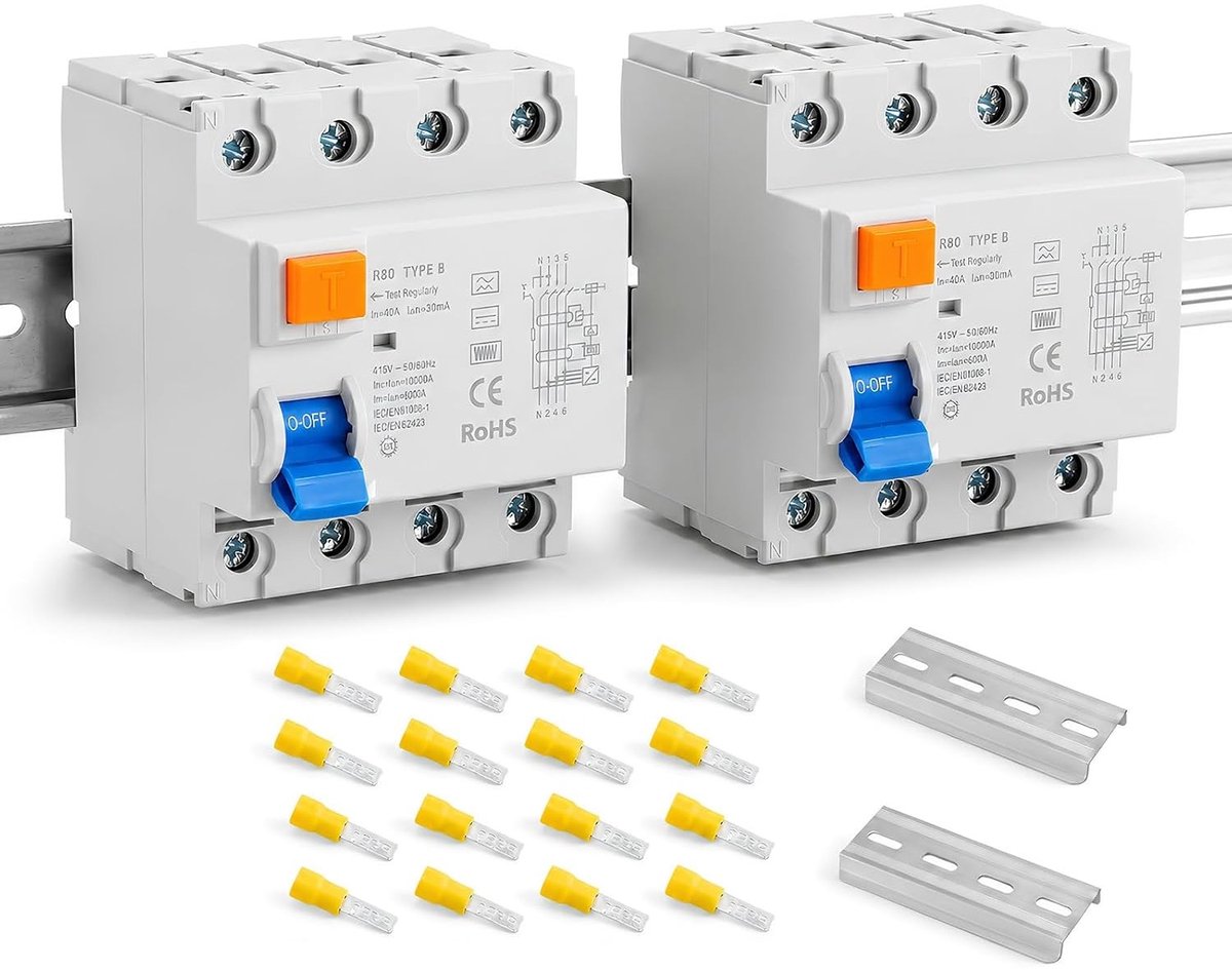 Veiligheidschakelaar 40A/63A 4-polig 30mA voor Wallbox en PV-installatie met DC-foutbescherming, Geschikt voor montage op DIN-rail, Type B RCD voor optimale bescherming