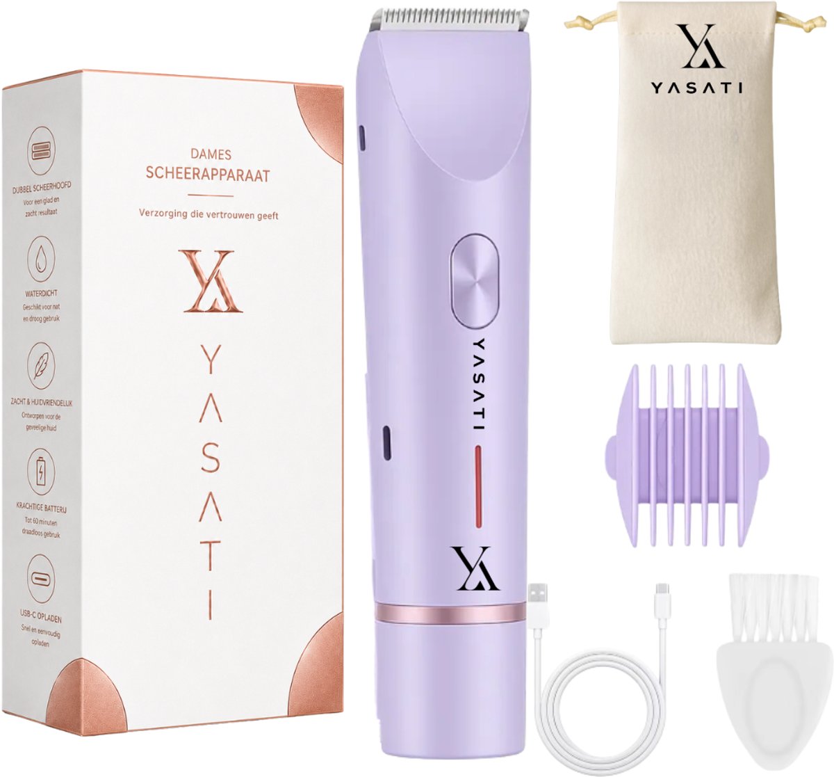 YASATI Oplaadbare 2-in-1 Elektrische Bikinitrimmer + 2 Extra Scheerkoppen Voor Vrouwen - Paars - Waterdichte Scheerapparaat Voor Oksels - Benen En Armen - Reizen - Ladyshave Vrouwen - LadyGroomer - Intieme zone - Scheerapparaat vrouwen