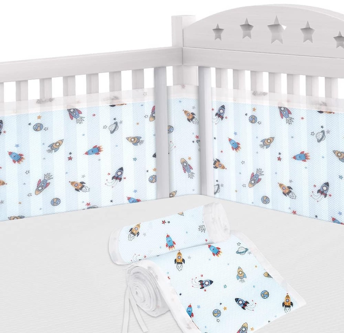 SnelShoppen - Aolso Babynestje voor Kinderbed, 2 Stuks, Zacht en Ademend Nestje met 10 Vaste Riemen, Wasbaar, Raket Design, 340 cm x 30 cm + 160 cm x