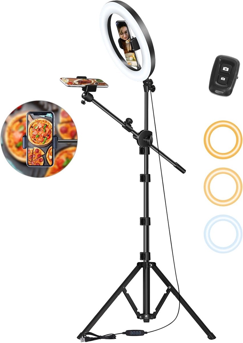 SnelShoppen - LUXSURE Ringlicht met Statief 26,7 cm - Dimbare LED Ringlamp voor Mobiele Telefoon met 2 Telefoonhouders en Bluetooth Afstandsbediening