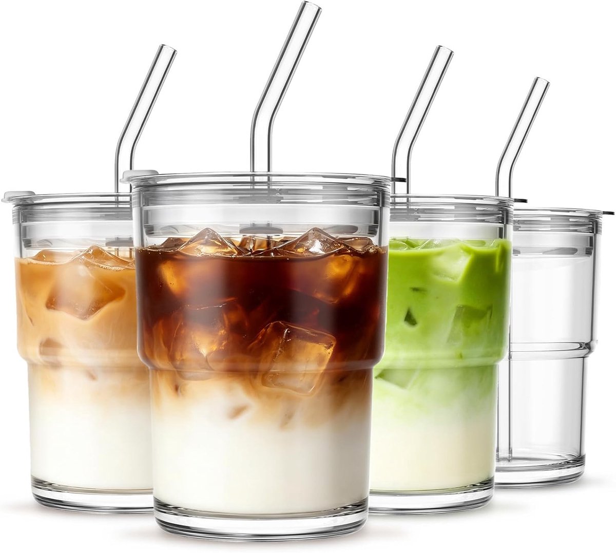 SnelShoppen - Gladde glazen beker met deksel en rietje, luchtdicht, waterdicht, 380 ml, 2 stuks, matcha-glazen, drinkbeker voor koffie, thee, smoothie