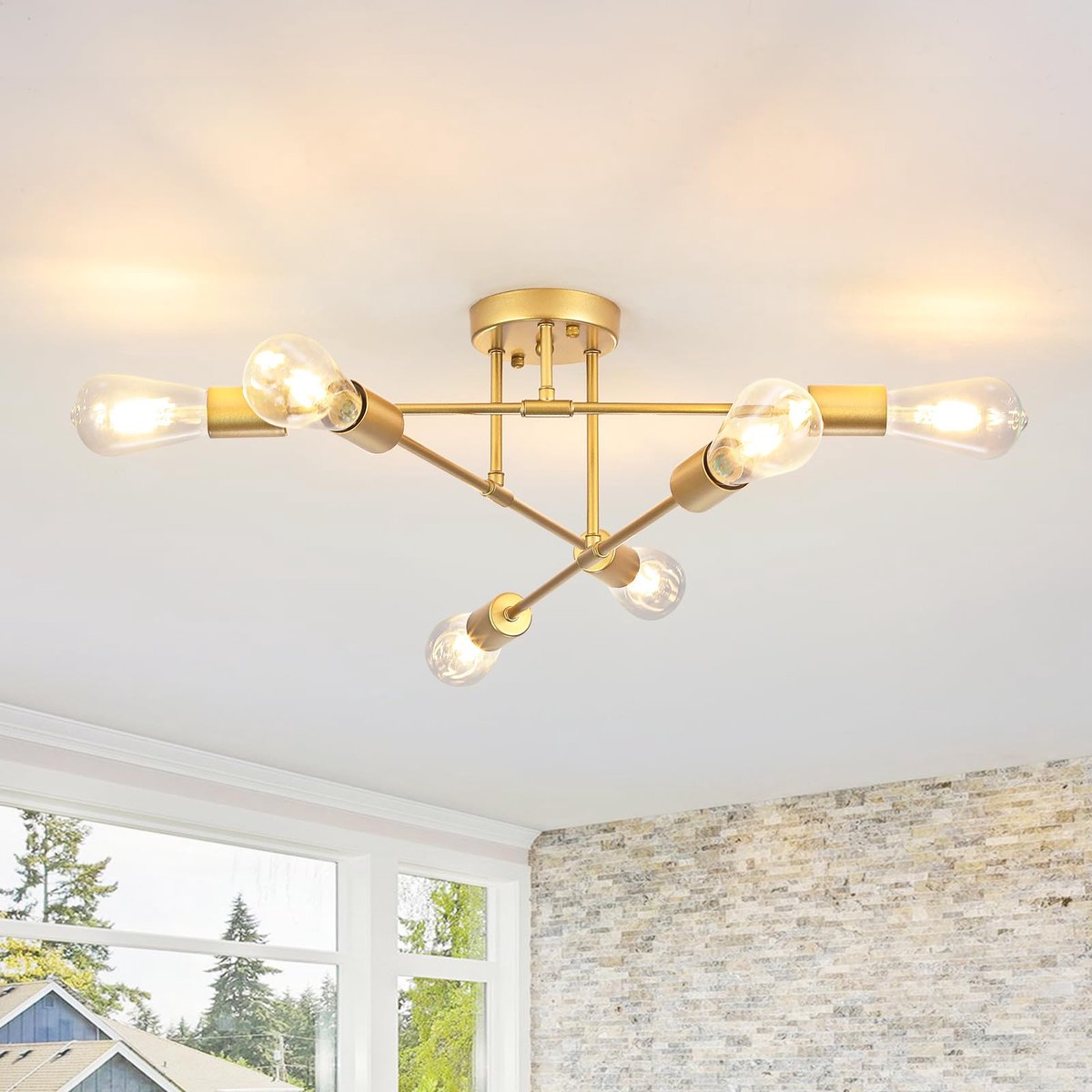 SnelShoppen - Gouden Plafondlampen 6-Lichts Sputnik Plafondlamp Moderne Kroonluchter voor Woonkamer, Slaapkamer, Keuken, Eetkamer, Hal en Kantoor