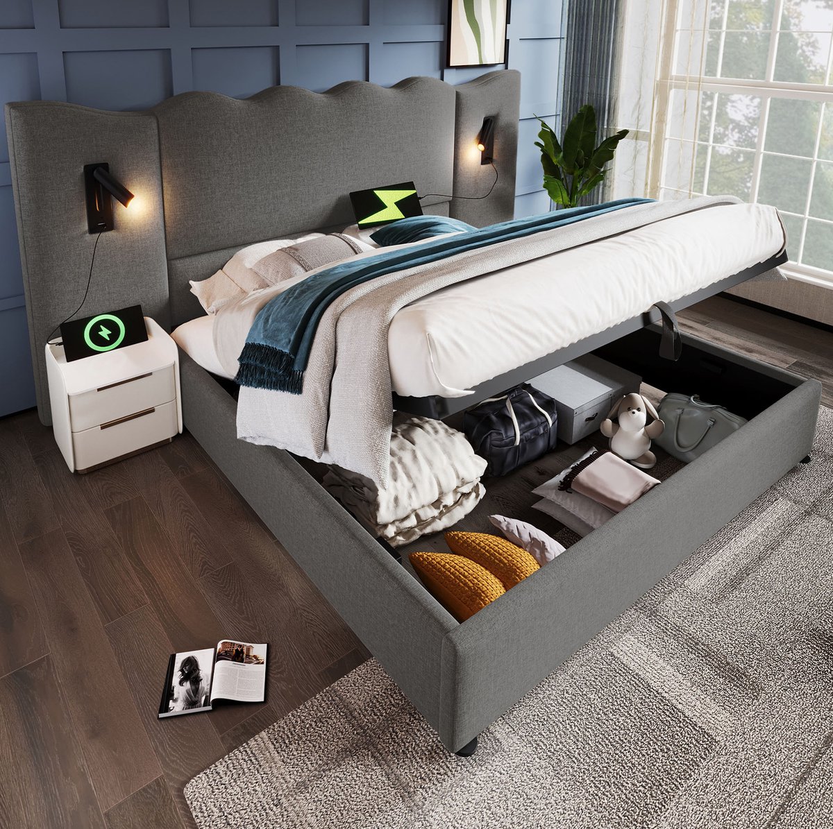 COVREO Bed 180x200 cm grijs, stof met opbergruimte en leeslamp