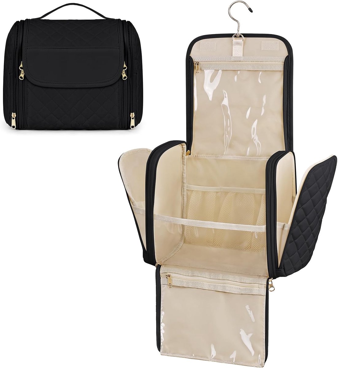 SnelShoppen - Toilettas voor dames, waterdichte make-uptas, grote capaciteit, hangende reisorganizer met haken, multifunctioneel, zwart, ideaal voor r
