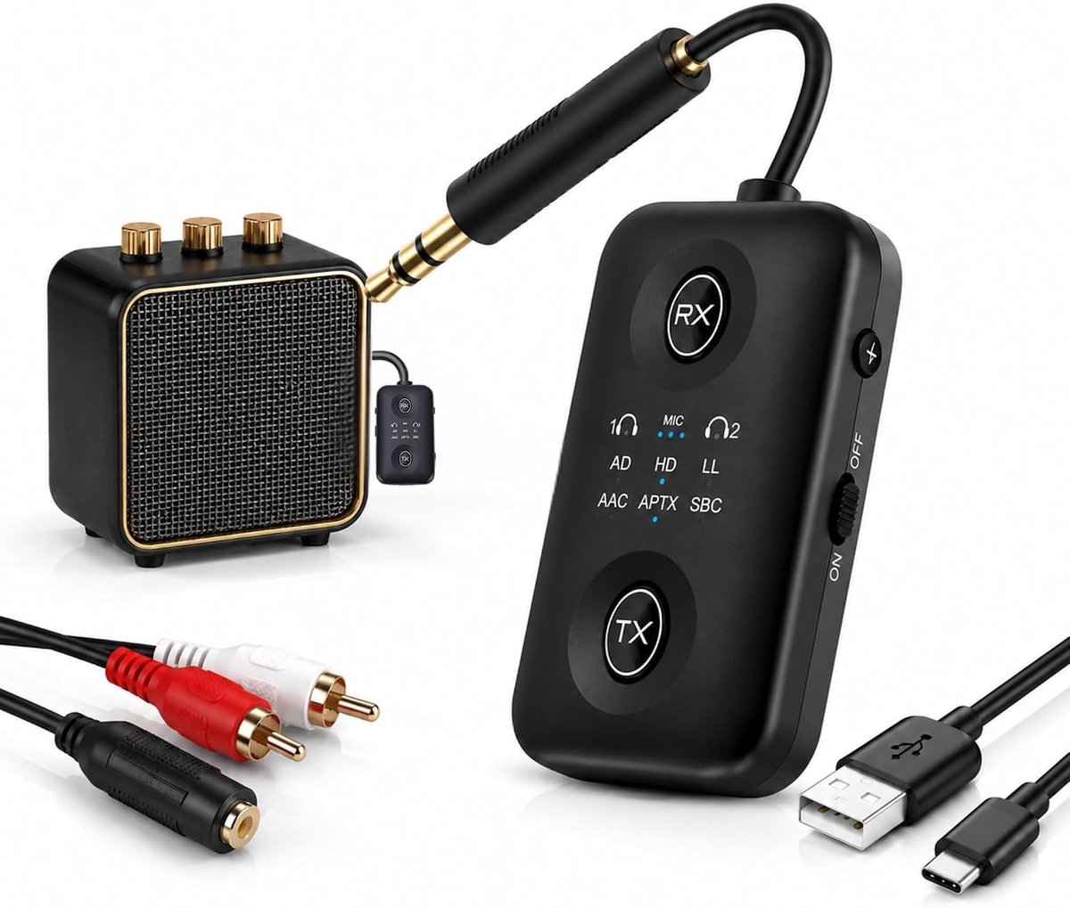 2-in-1 Bluetooth 5.4 Audio Zender en Ontvanger Adapter met Roterende Jack en Kabel voor Telefoon, PC en Laptop