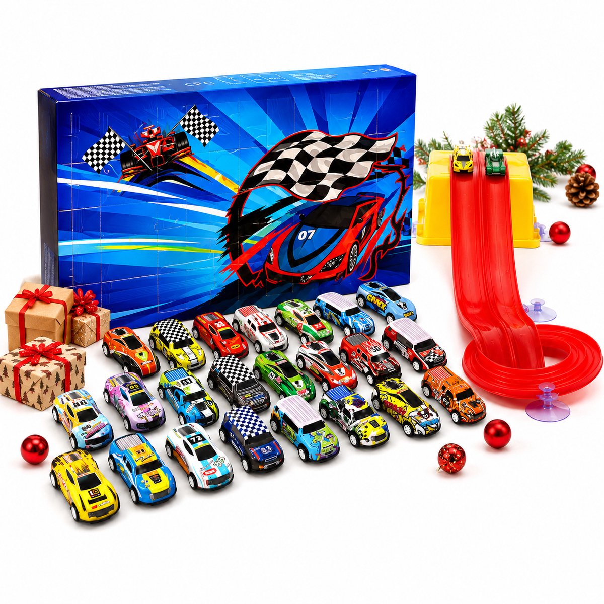 Jojoy - Racebaan Autobaan Speelgoed met 24 Auto's Adventskalender - 4 Meter Tweebaans Racebaan - Raceauto Speelgoed - Kerstkalender Kinderen - TURBOREDCALENDAR