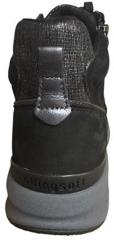 Zwarte hoge schoen met zilveren accenten en ritssluiting, grijs met 'rollingsoft' logo op de zool.
