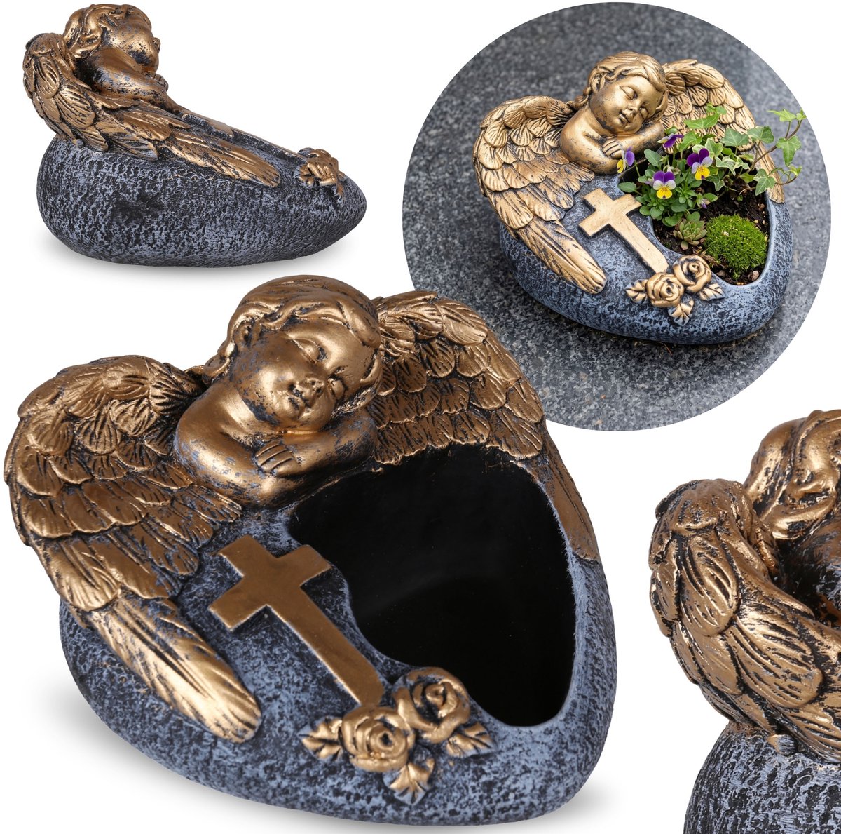 CEMENTEN GRAFVASE, grijs hart MET ENGEL, GRAFDECORATIE, BLOEMPOTHOUDER 16x17,5x11 cm