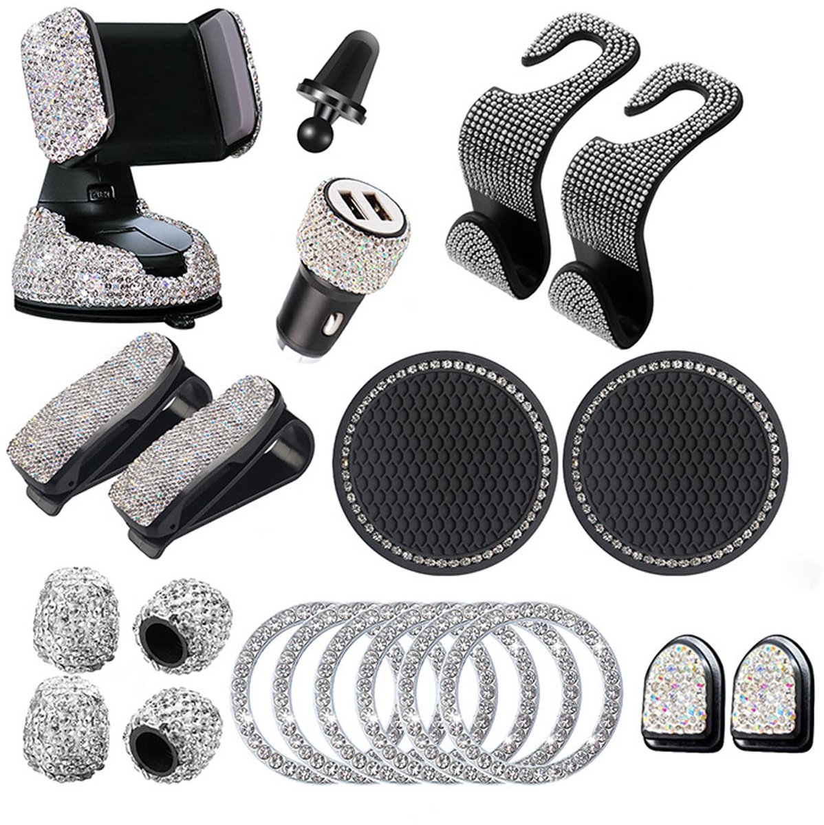 SnelShoppen - 20 stuks bling auto-accessoires voor binnen, glitter auto-accessoires voor vrouwen, brilhouder, telefoonhouder, ontstekingsring, autohaa