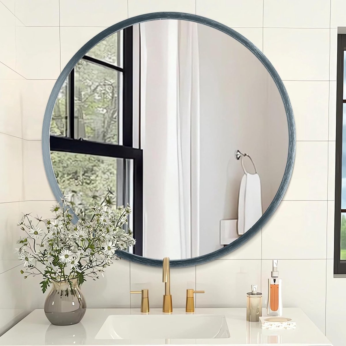 Ronde wandspiegel in een matte blauwe kleur voor badkamer, woonkamer, gang en slaapkamer decoratie - roestbestendig en horizontaal ophangbaar