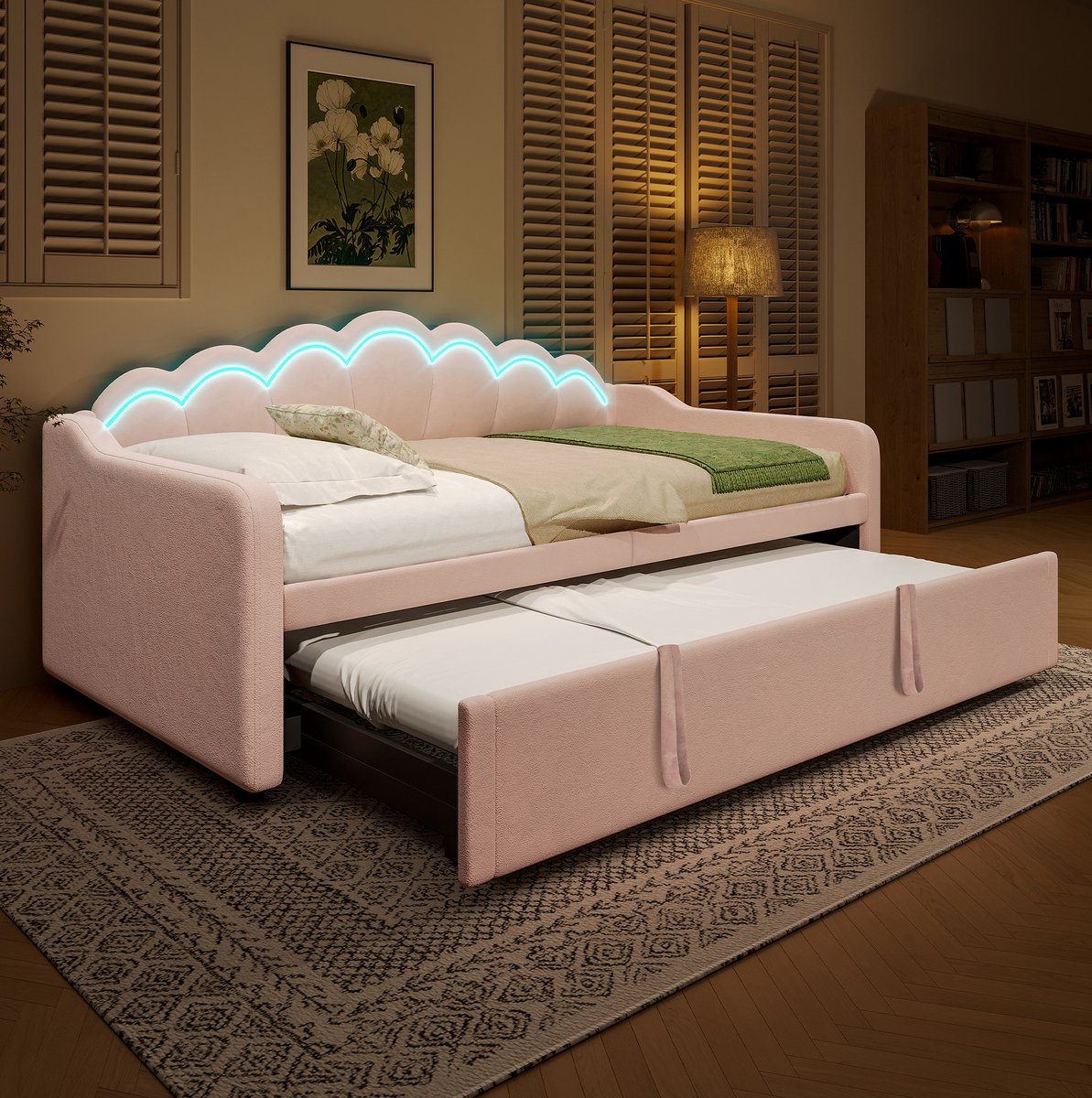 Bedbank 90x200 cm Uitrekbaar Bed Met Verlichting Hoofdbord Opbergruimte Voor Slaapkamer En Logeerkamer Zacht Fluweel Roze Zonder Matras