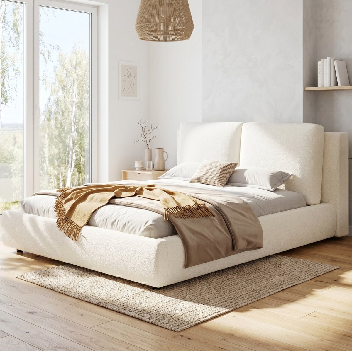 DESMIU Gestoffeerd Bed 180x200 cm – Tweepersoonsbed Met Lattenbodem – Ergonomisch Gewatteerd Hoofdbord – Zonder Matras – Slaapkamer – Bouclé Stof – Beige