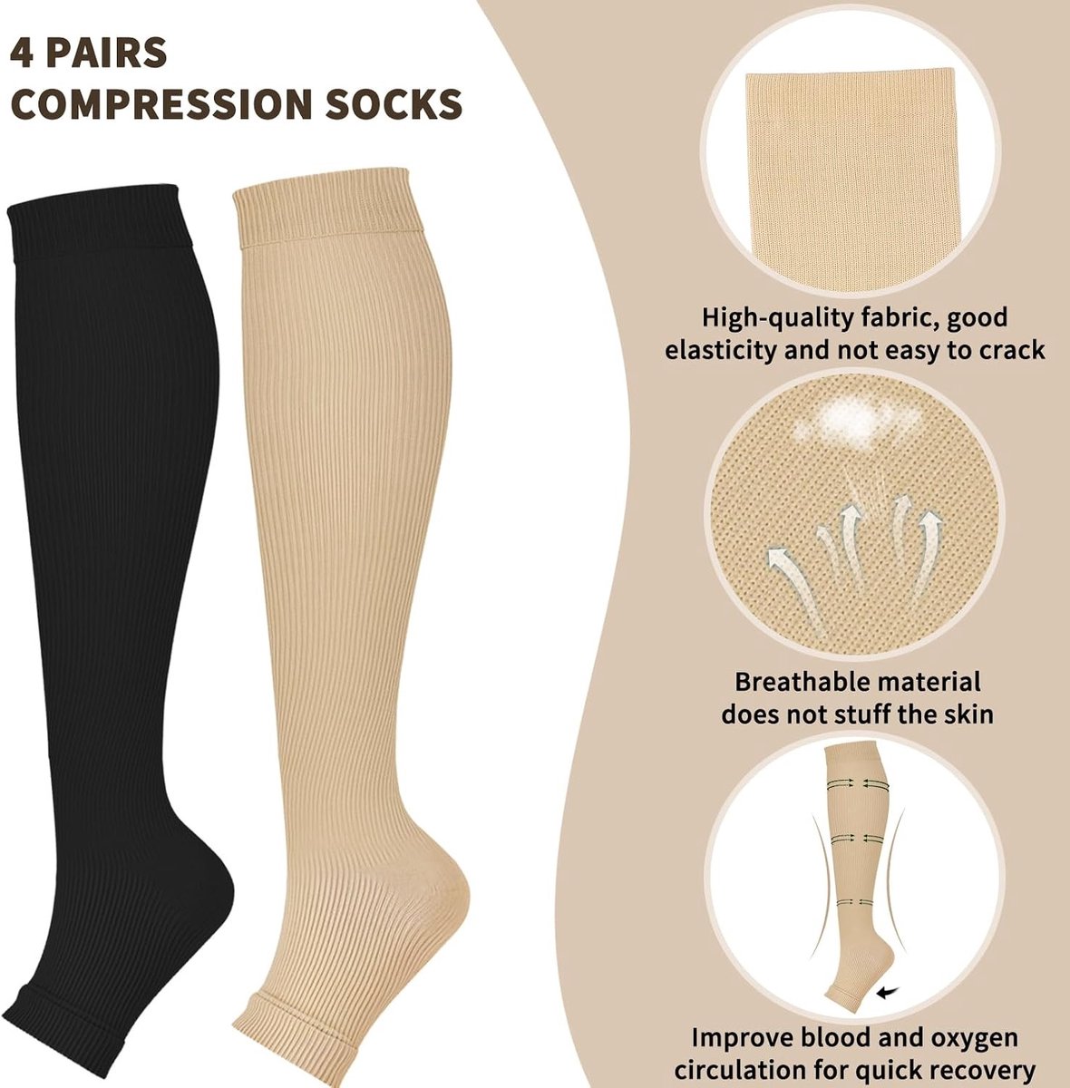 Steunkniekkousen voor Vrouwen, 4 Paar, 15-25 mmHg, Open Kant, Zwart en Wit, Comfortabele Compressiekousen voor Beter Bloedcirculatie