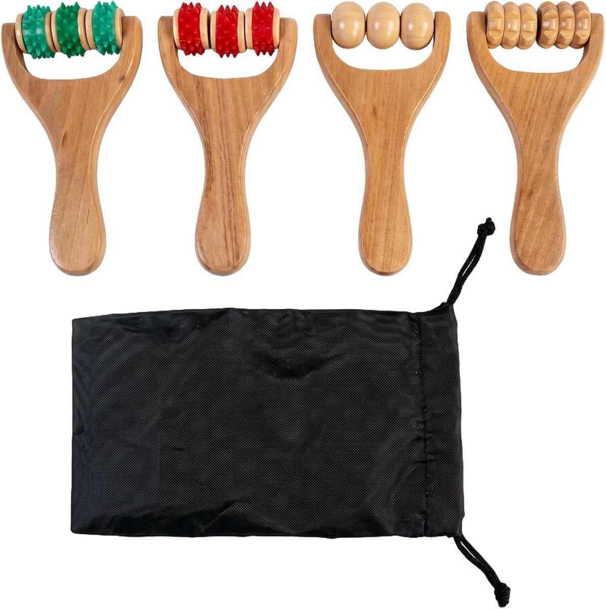 Set van 4 handmatige massage rollen, 15 x 8 cm, voor diepe spierontspanning, ergonomisch ontwerp en opbergtas, ideaal voor wellness en ontspanning