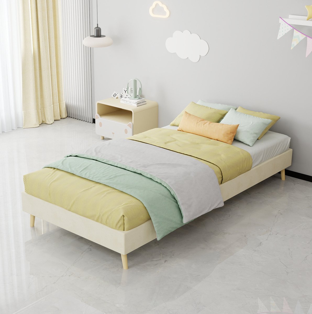 Gestoffeerd Bed 90x200 cm – Laag Eenpersoonsbed Met Lattenbodem – Zonder Hoofdbord – Voor Slaapkamer Of Kinderkamer – Stof Metaal MDF – Beige – Zonder Matras