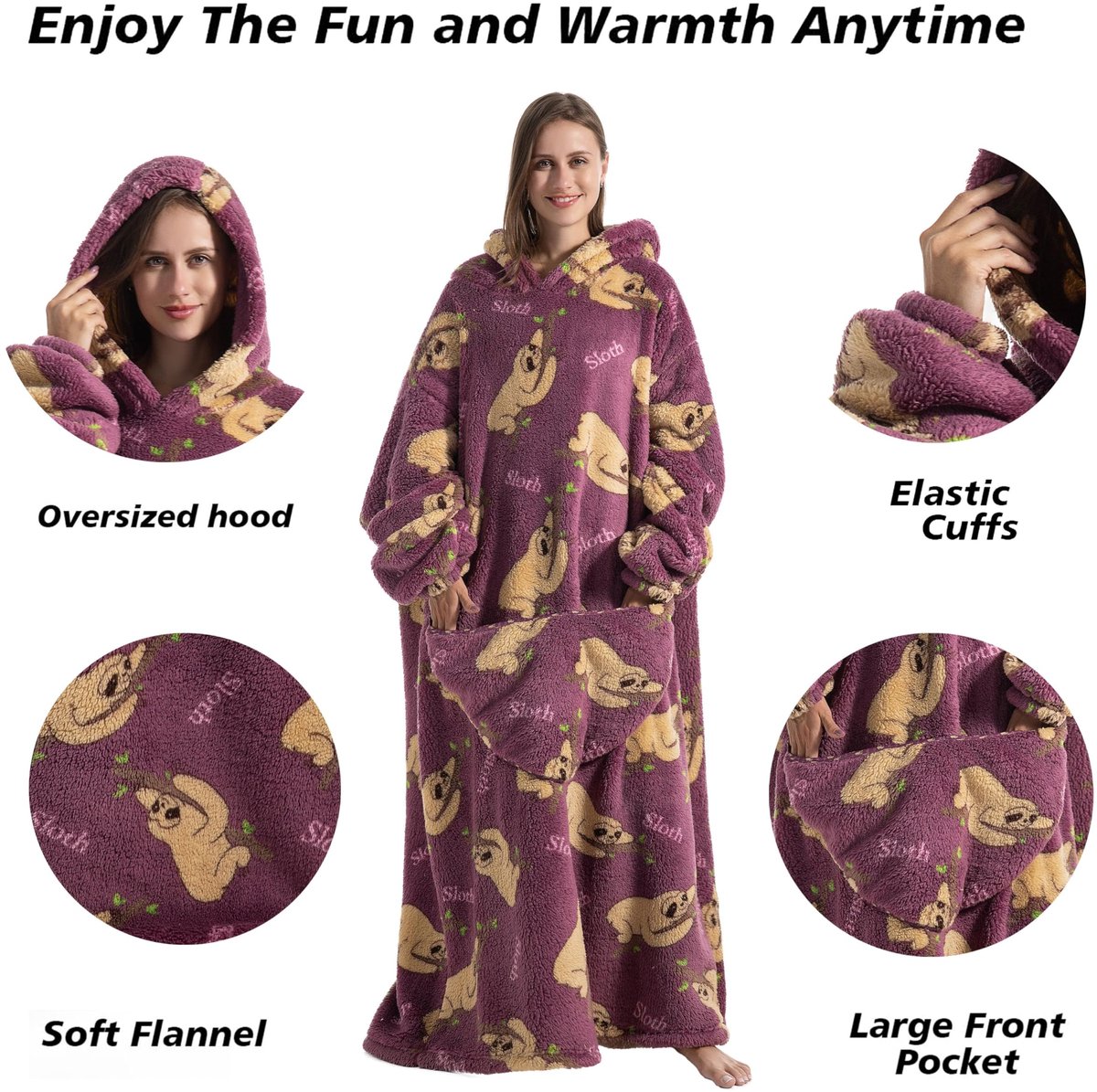 SnelShoppen - Draagbare deken met capuchon voor vrouwen en volwassenen, zachte en warme deken met mouwen, Sloth, ideaal als cadeau voor vriendin, moed