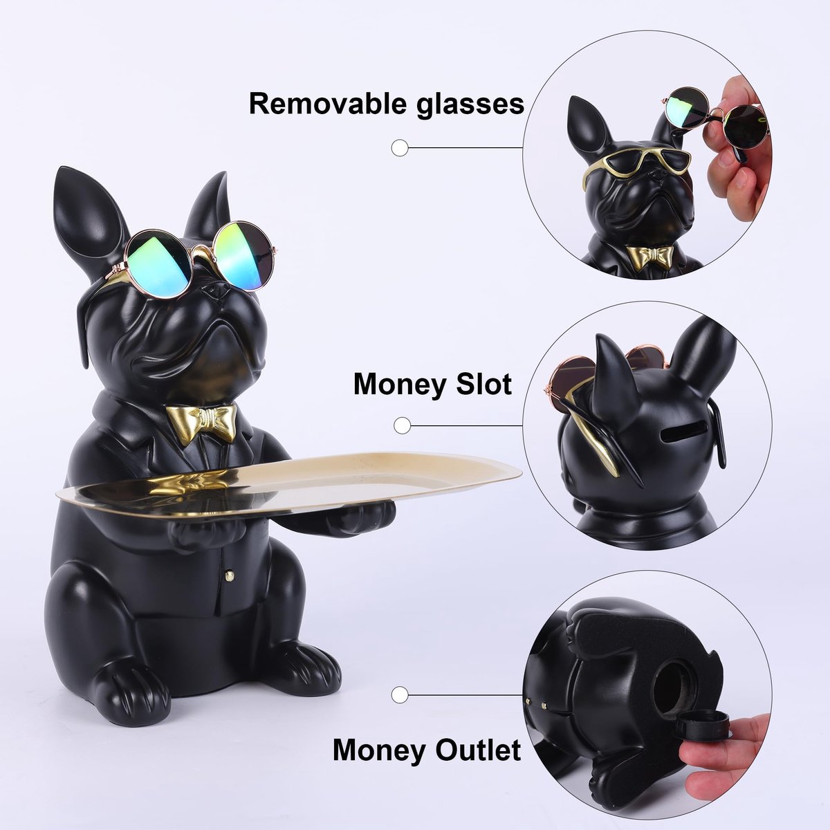 SnelShoppen - Hars Bulldog Bureau Opbergvak Standbeeld Munt Dier Sculptuur Tafeldecoratie Multifunctioneel Kantoor Woondecoratie Zwart Bruin