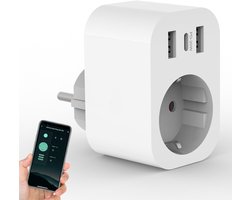 SnelShoppen - Smart WLAN-stopcontact met stroommeting, 2 USB A poorten en 1 USB C (20 W snel opladen), compatibel met Alexa en Google Home, 2,4 GHz, 1