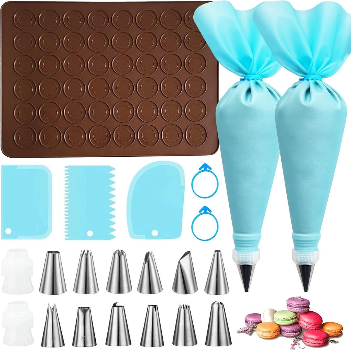 Siliconen bakmat voor macarons - 48 gaten - met 2 spuitzakken en 12 spuitmondjes - perfect voor desserts - SnelShoppen