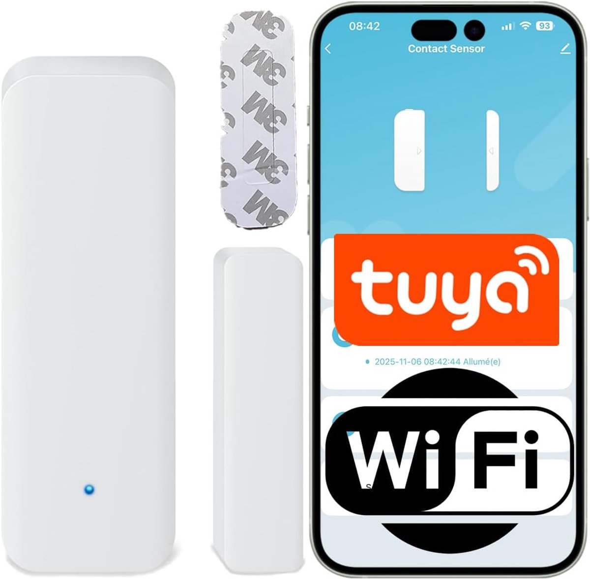 SnelShoppen - Wifi-deursensor en raamcontact, Tuya, zonder hub, app-alarm, open gesloten status, 2 x AAA, wit, lijmmontage, slim beveiligingssysteem