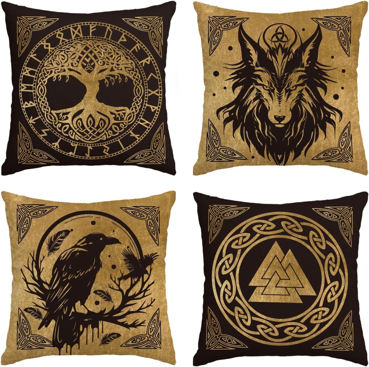 SnelShoppen - Set van 4 Gouden Viking Futhark Runen Kussenslopen 40 x 40 cm met Odin Levensboom, Wolf en Raven - Decoratieve Kussen Covers voor Woonka