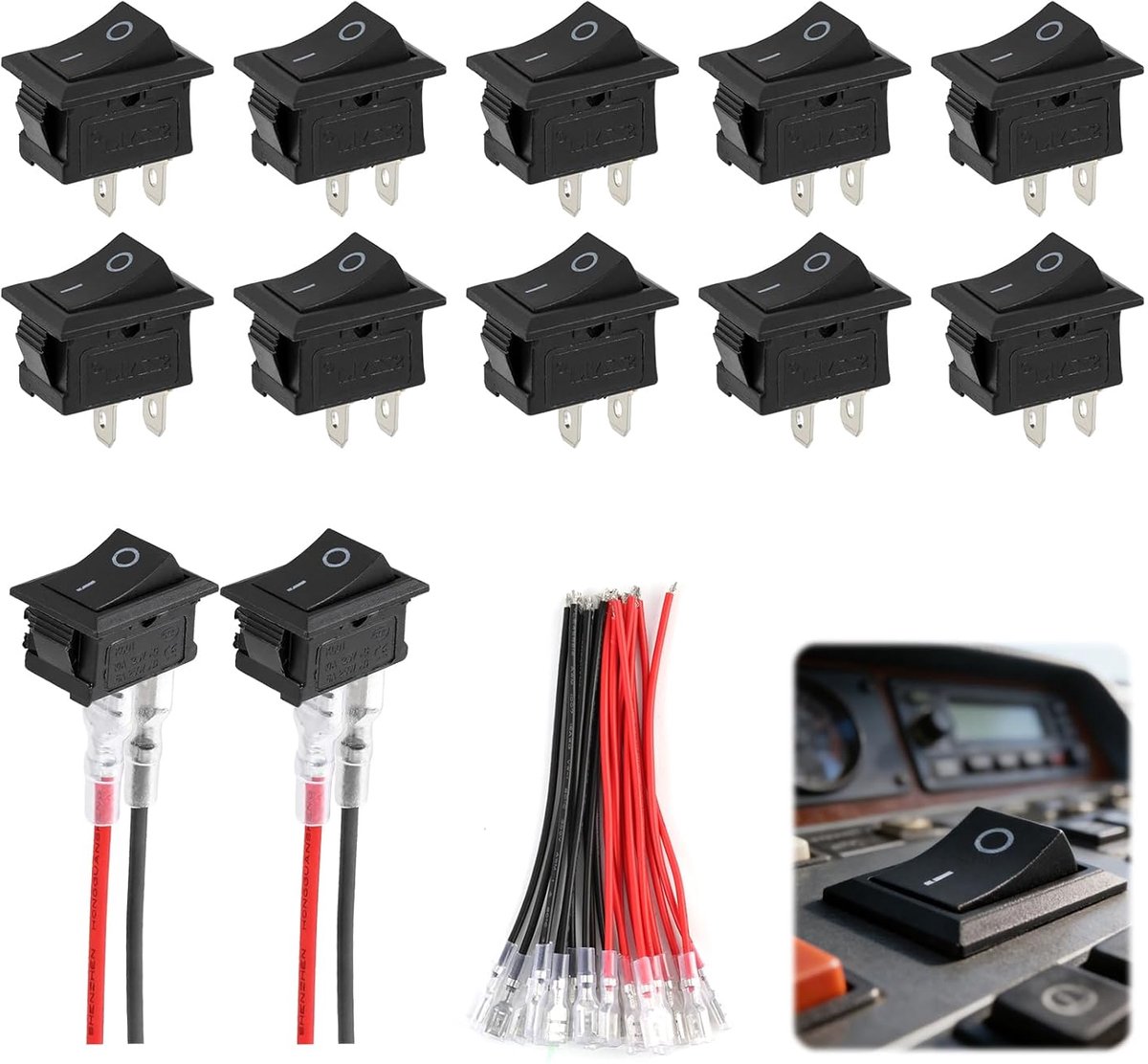 KCD1-101 Mini-tuimelschakelaar, solder, 2-polig, SPST ON/Off AC 6A/250V, 10A/125V, mini-boat, tuimelschakelaar, schakelaar met bedrading voor auto's, boten en elektrische apparaten, 10 stuks