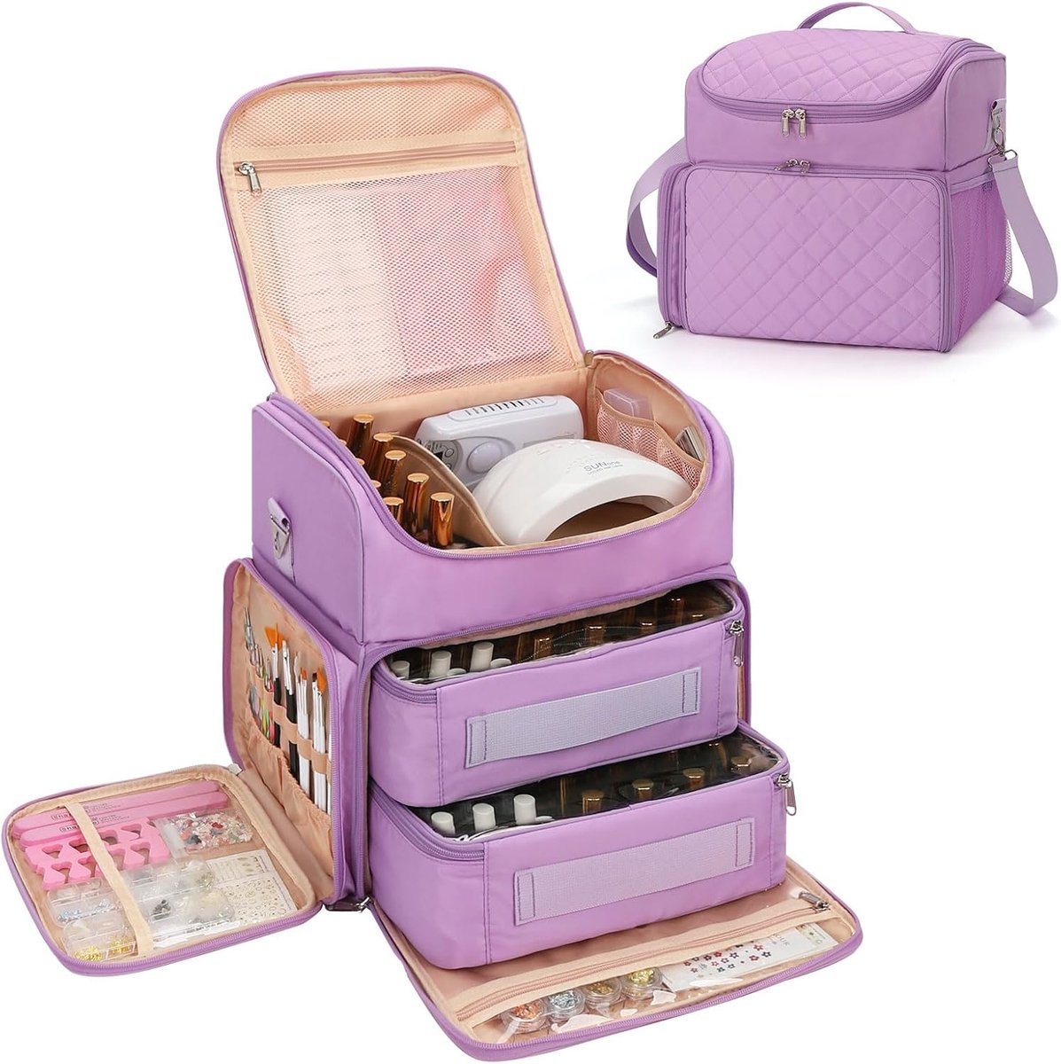 Nagelkoffer met extra grote capaciteit, nagellakkoffer voor 86 tot 100+ flessen en nagellamp, dubbellaags design, nageldesign, koffer met 2 opbergzakken, paars, 86 Flaschen, Extra grote nagelkoffer