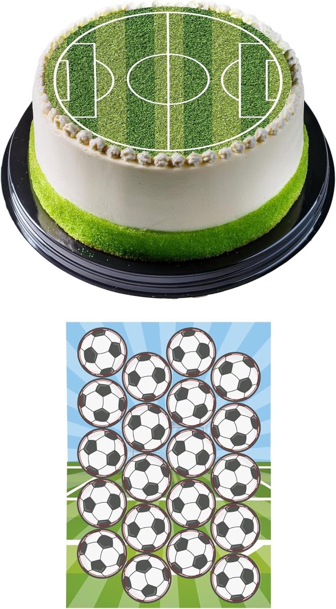 Eetbare taarttoppers, 20 cm + 20 x eetbare muffinopleggers, van wafels, taartdecoratie, kinderverjaardag, voetbalmotto
