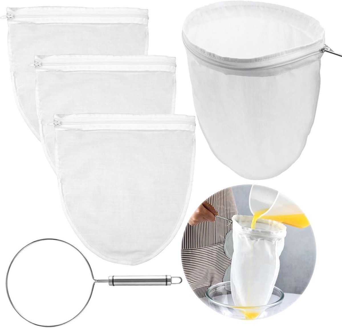 melkzak, 4-delig, notenmelkzak met 1 handgrepen van ringstaal, notenmelkzakken, herbruikbaar plantaardige melkfilter, sojamelkfilter, zeef, filterstof